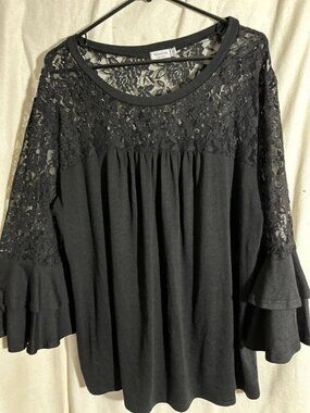 Miselon 2XL Black Women's Lace Blouse Long Ruffle Sleeve Excellent Condition